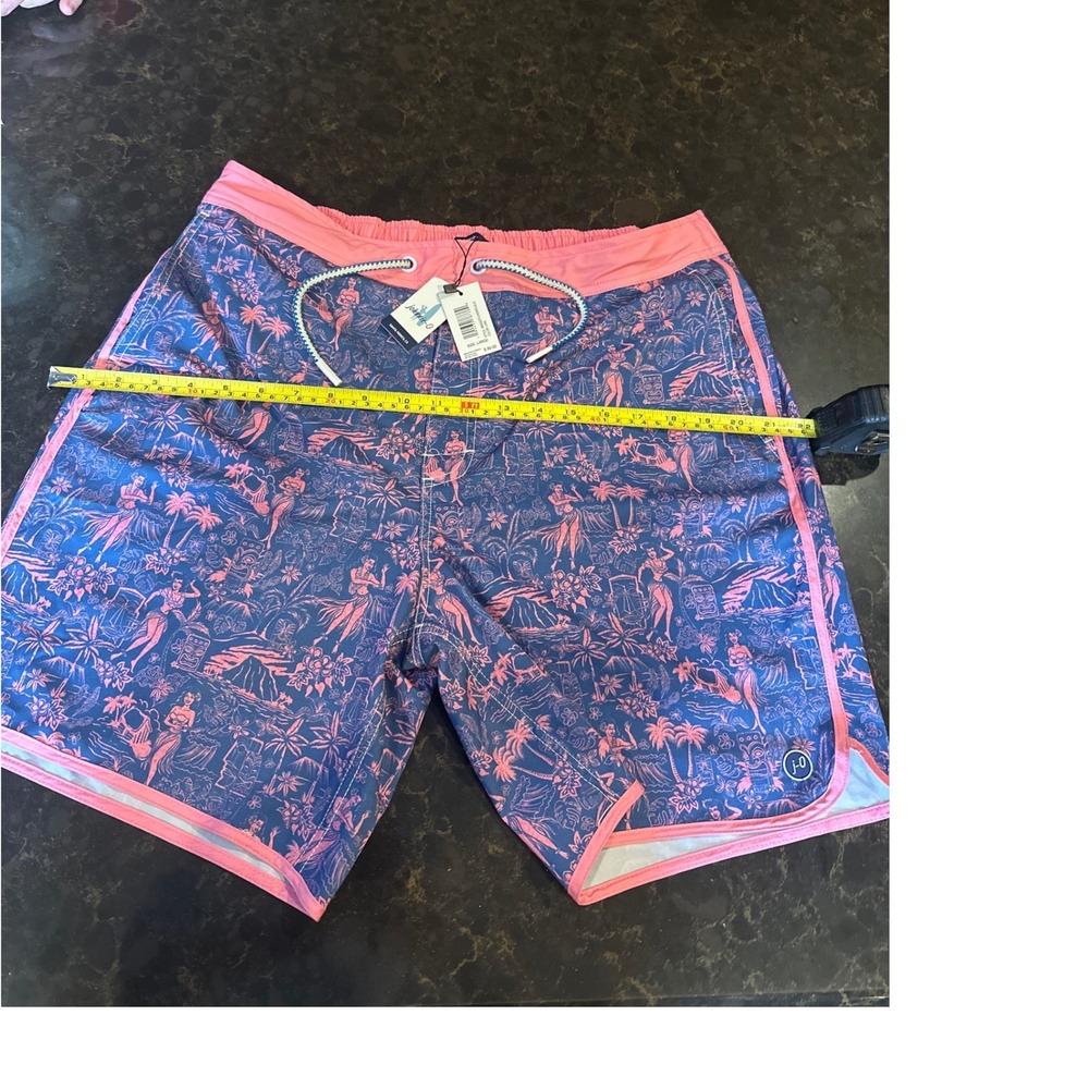 Johnnie-O Mens Honolulu Swim Trunks Blue Pink Tiki Hula JMSS2270 Large NWT